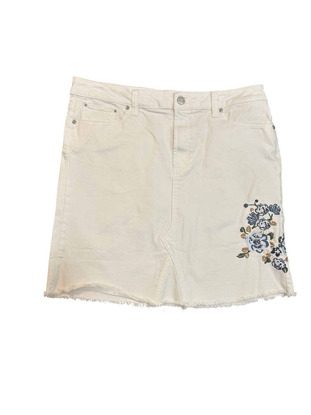 Seven7 White Denim Skirt With Floral Embroidery Size 14